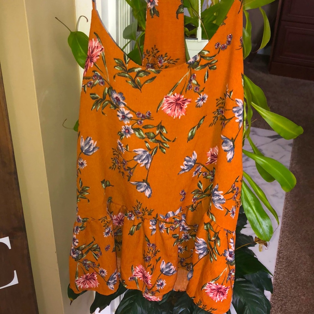 Orange, floral blouse; Newburyport Kustom; large